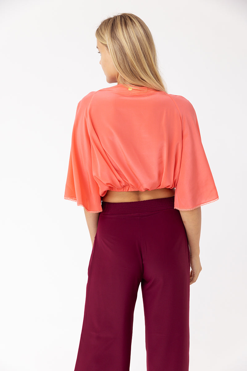 Lace Details Coral Crop Shirt