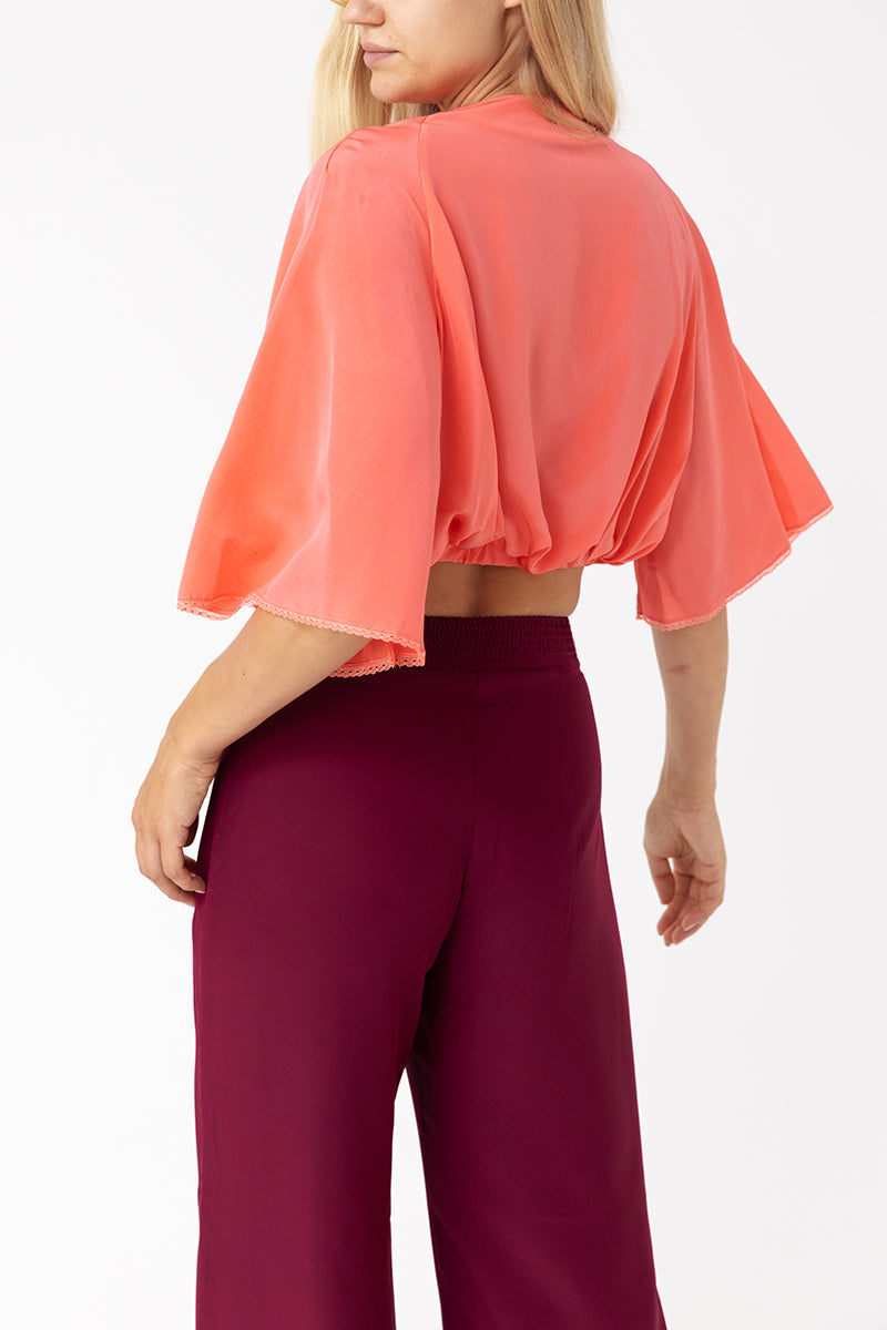 Lace Details Coral Crop Shirt