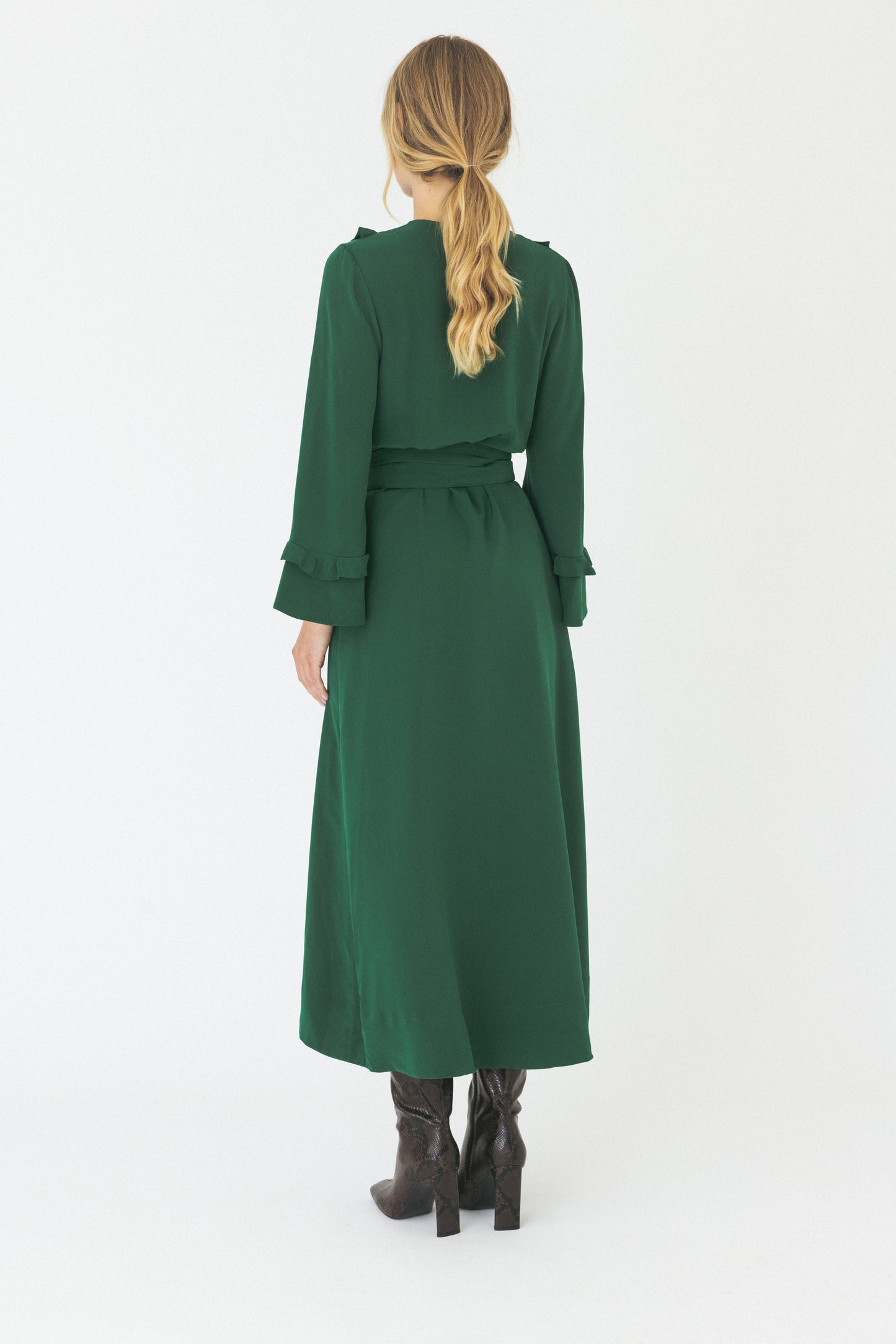Ruffled Round Neckline Silk Green Dress