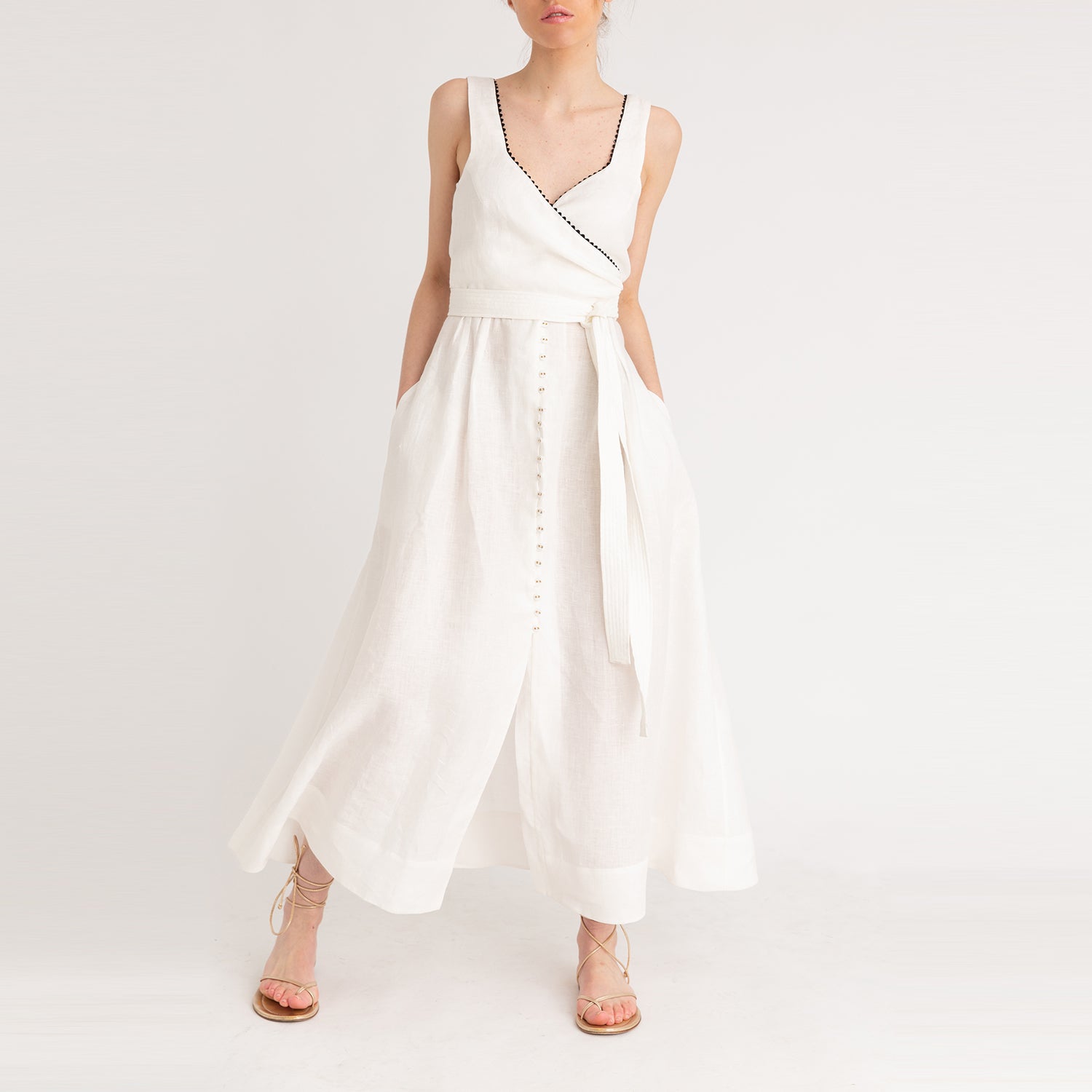 Wrap Linen Midi Dress - 42 / White Wrap Linen Midi Dress - 42 / White