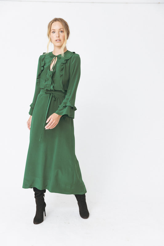 Ruffled Round Neckline Silk Green Dress