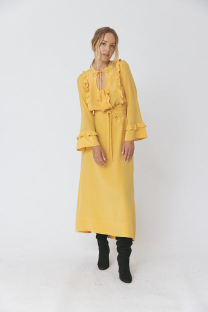 Ruffled Round Neckline Silk Yellow Dress
