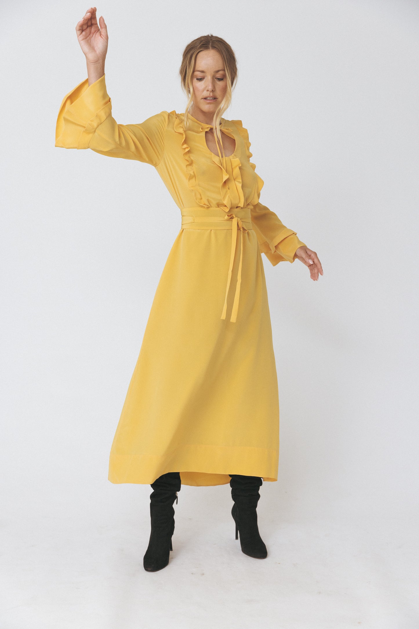 Ruffled Round Neckline Silk Yellow Dress