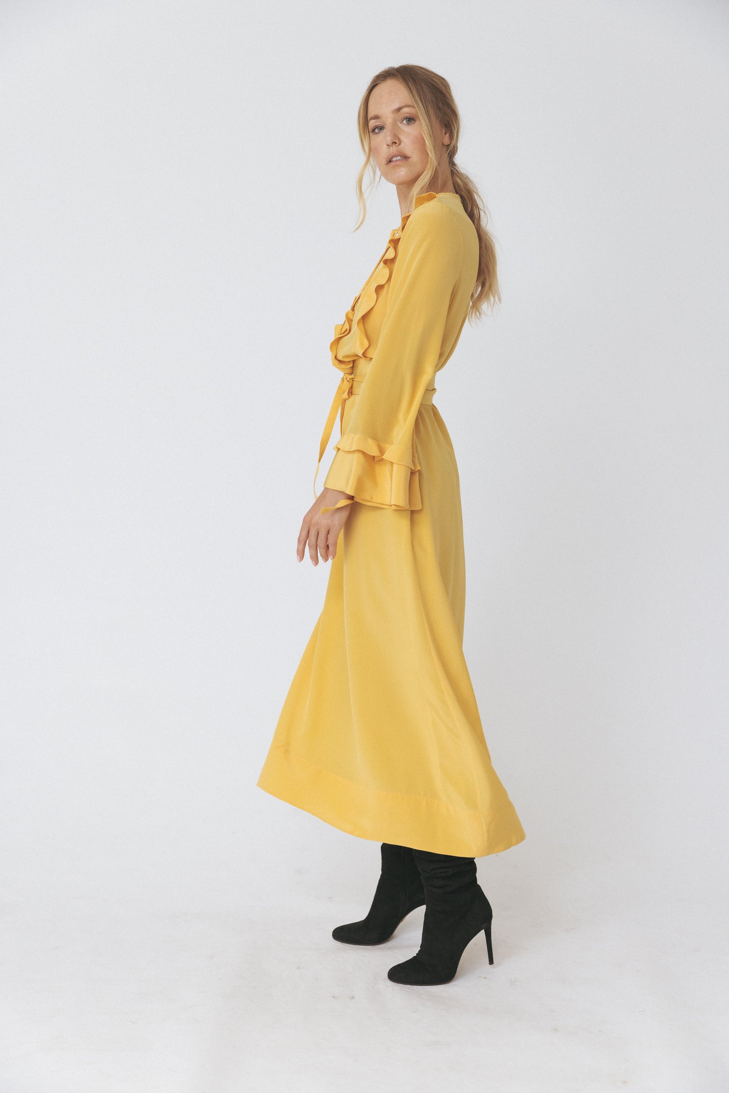Ruffled Round Neckline Silk Yellow Dress