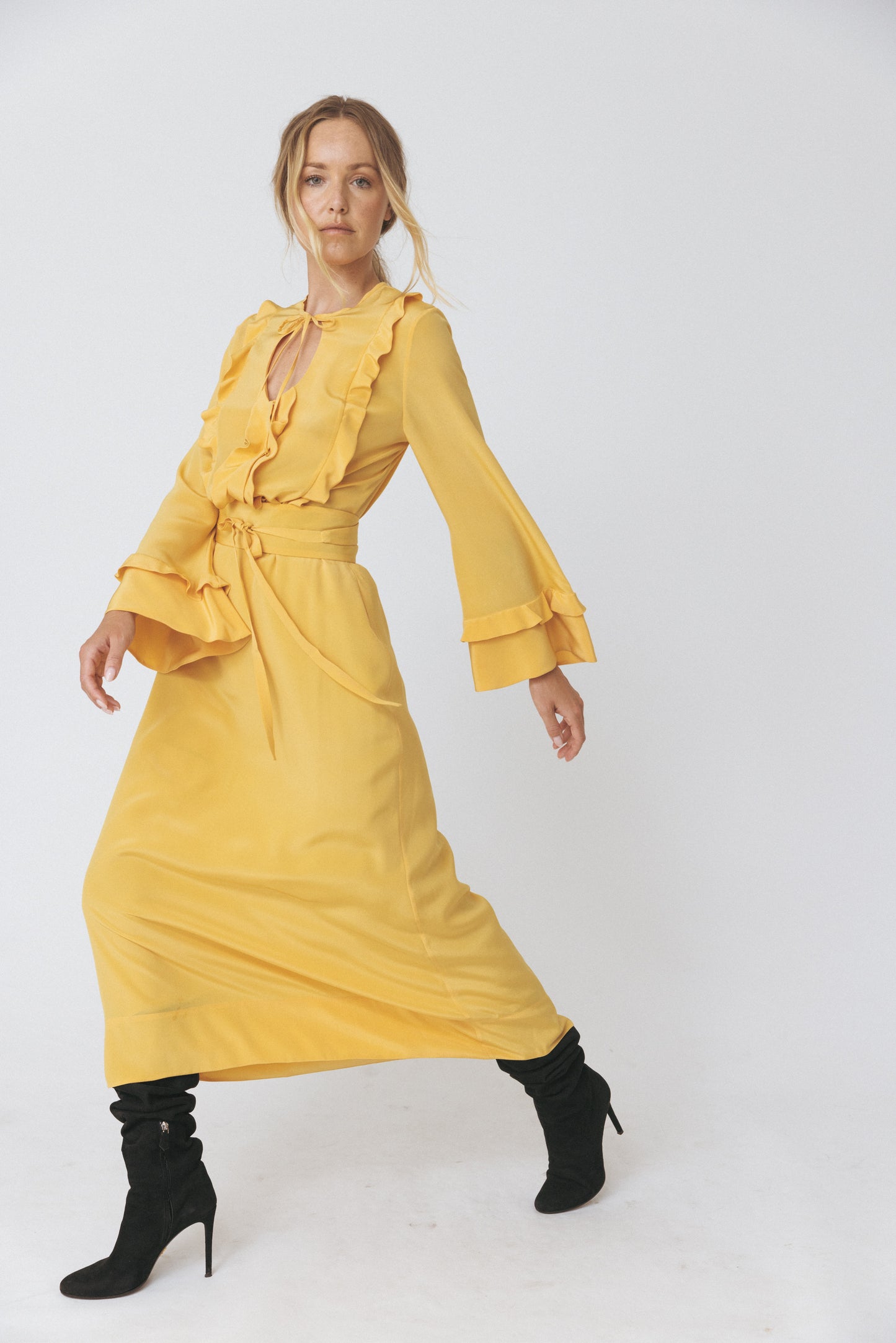 Ruffled Round Neckline Silk Yellow Dress