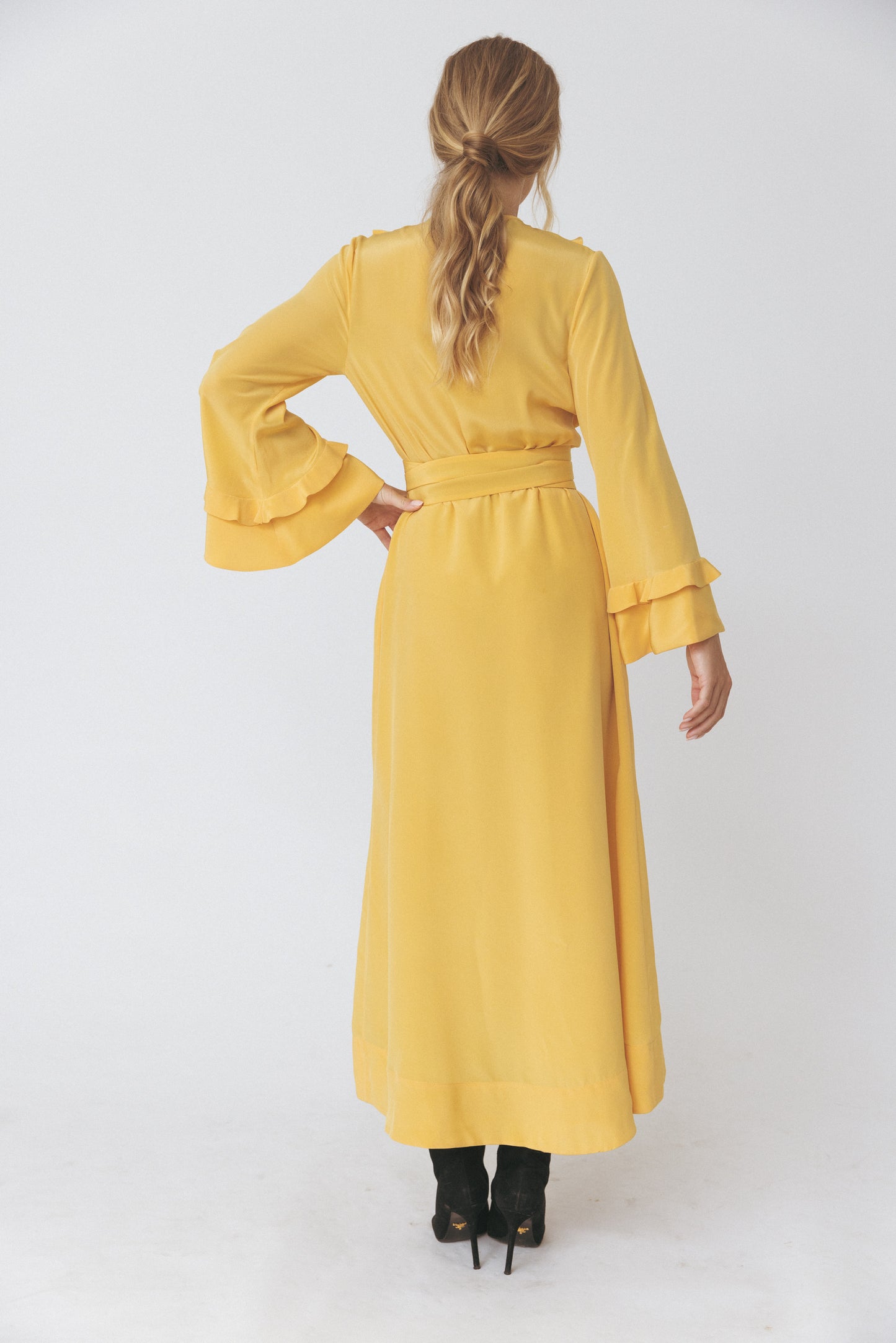 Ruffled Round Neckline Silk Yellow Dress