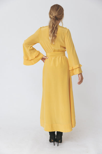 Ruffled Round Neckline Silk Yellow Dress