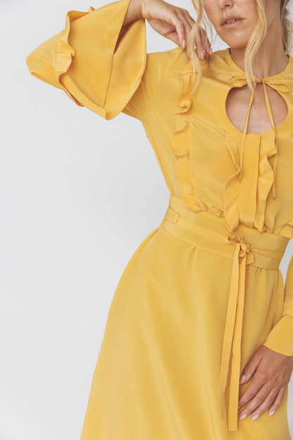 Ruffled Round Neckline Silk Yellow Dress