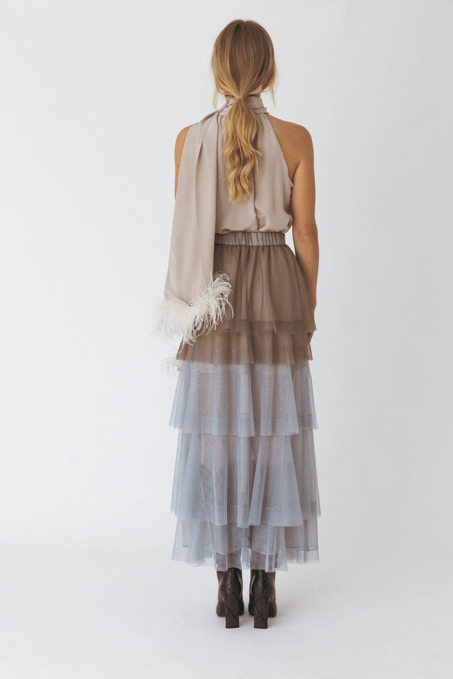 Halterneck Feather-trimmed Organza Top