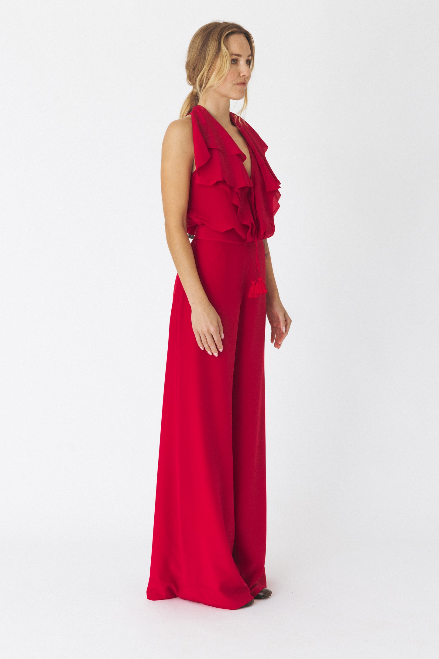 Ruffled Short Sleeves Red Blouse